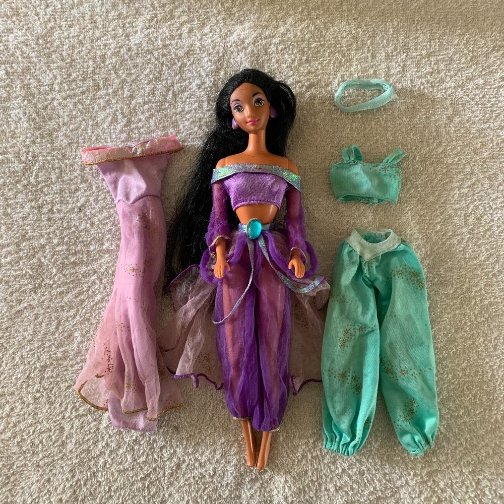 Vintage 90s Disney Aladdin Princess Jasmine Barbie Doll - Three Outfits Total!